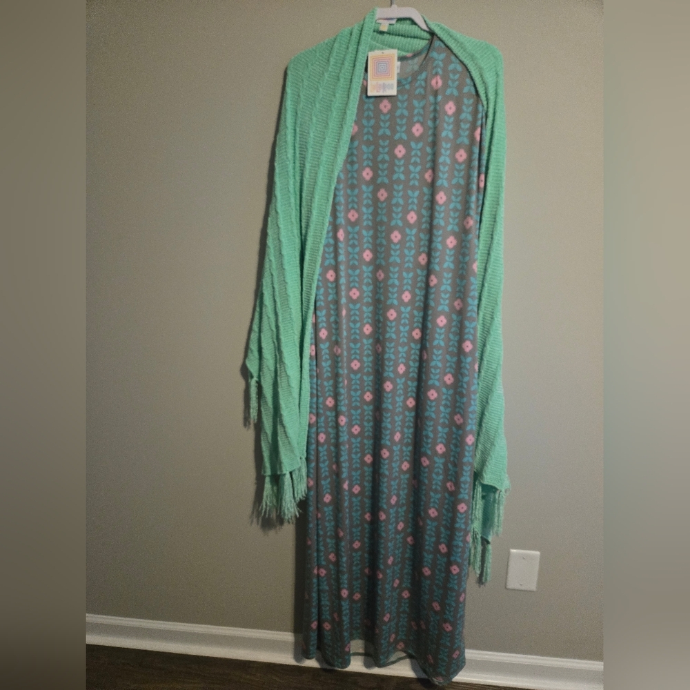 Lularoe Green and Pink Patterned Maxi Dress with Shawl